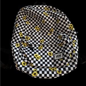 Vans Black and White Checkered Backpack with Yellow Sunflowers